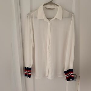 White Button-Up Shirt with Striped Cuffs